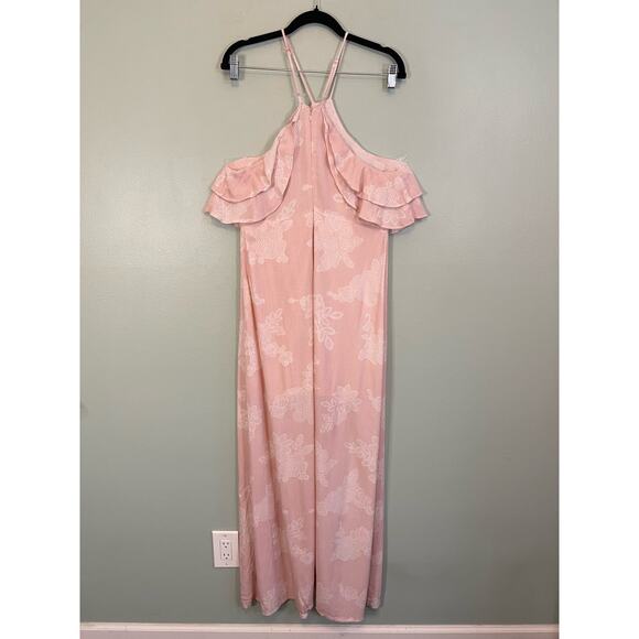 OneTheLand Maxi Dress Large Pink Cold Shoulder Halter Floral Feminine Romantic - Picture 3 of 12
